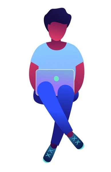 Pigiste afro-américain assis avec les jambes croisées et en regardant l'illustration vectorielle ordinateur portable . — Image vectorielle