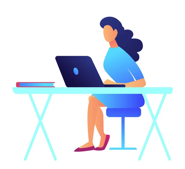 黑头发的商业妇女工作在笔记本电脑矢量插图. — 图库矢量图片