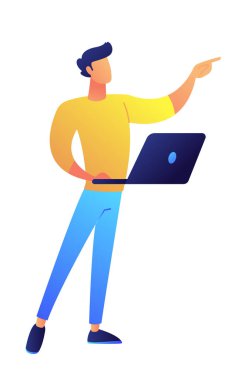 Laptop ile ayakta ve işaret parmak vektör çizim ile geliştirici.