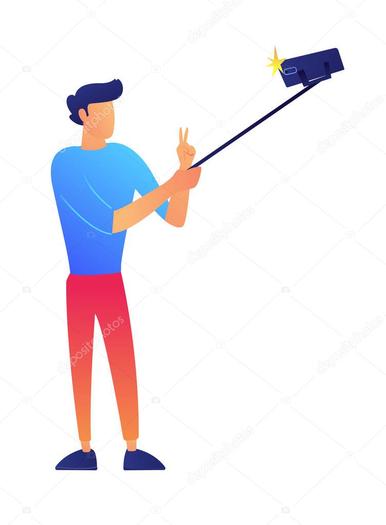 Vlogger taking selfie with a selfie stick vector illustration.
