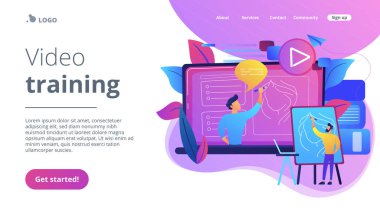 Şövale ekran video nasıl bir portre çizmek için öğrenme ile önce olan bir adam. Eğitim video, modern öğretim araç ve interaktif öğrenme kavramı. Menekşe paleti. Vektör çizim arka plan üzerinde