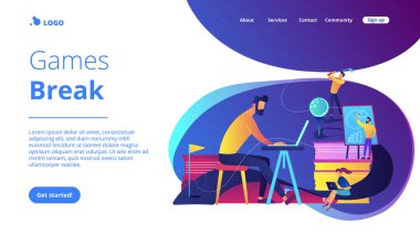 Dizüstü bilgisayar çalışma ofisinde çalışan sunu ve molası, office eğlenceli, Oyunlar ve stres yönetimi bir kavram olarak golf oynayan insanlar. Menekşe paleti. Web sitesi açılış web sayfası şablonu.