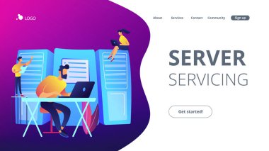 Sistem yöneticileri veya sistem sunucu rafları hizmet. Sistem Yönetimi, alımı, bilgisayar sistemleri ve ağları kavramı yapılandırma. Menekşe rengi. Web sitesi açılış web sayfası şablonu