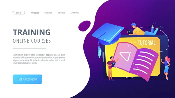 Les Étudiants Regardant Tutoriel Vidéo Sur Tablette Avec Panneau Lecteur — Image vectorielle