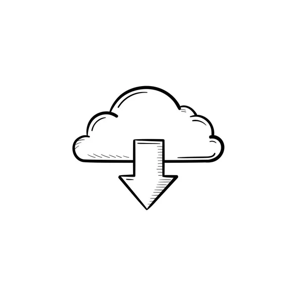 云与箭头向下手绘轮廓涂鸦图标. — 图库矢量图片