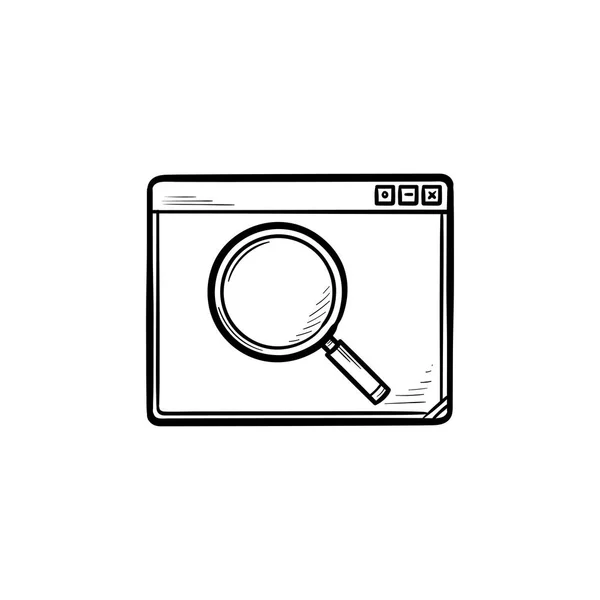 Browser window with magnifying glass hand drawn outline doodle icon. — Stock Vector