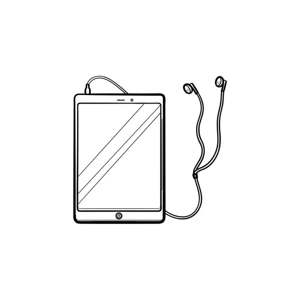 Tablet mit Kopfhörer handgezeichnete Umrisse Doodle-Symbol. — Stockvektor