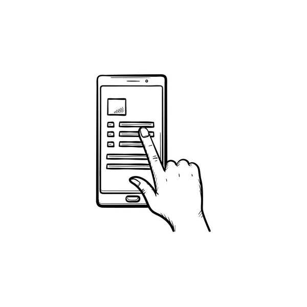 Sürgülü smartphone liste el çizilmiş anahat doodle simgesi ile el. — Stok Vektör