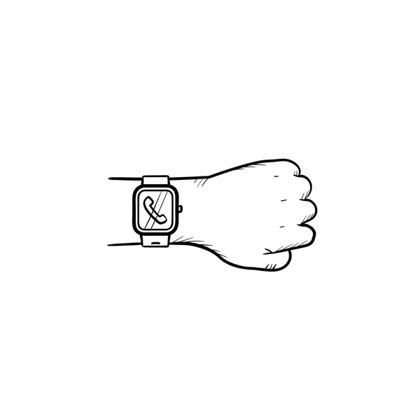 Mano indossando orologio intelligente con la mano chiamata in arrivo disegnato contorno icona scarabocchio . — Vettoriale Stock