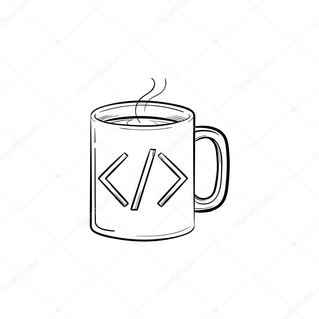 Coffee cup with code sign hand drawn outline doodle icon.