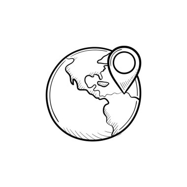 İşaretçi işareti el çizilmiş anahat doodle simgesi ile dünya.