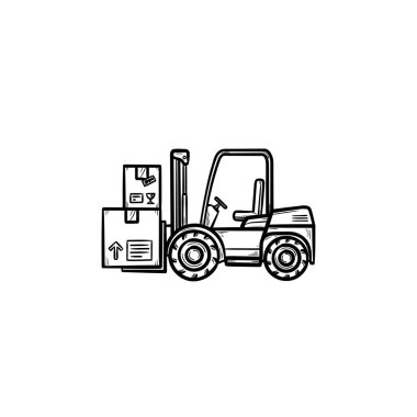 Ambar forklift kamyon karton kutular el çizilmiş anahat doodle simgesi ile.