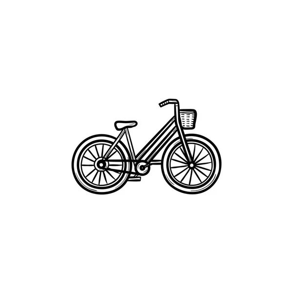 Γυναίκα ποδήλατο με καλάθι χέρι περίγραμμα doodle εικονίδιο. — Διανυσματικό Αρχείο