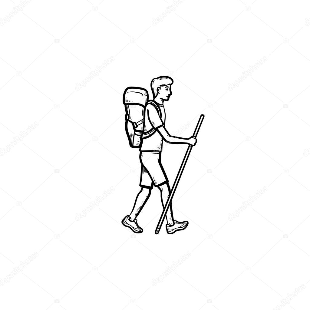 Hiker with backpack walking hand drawn outline doodle icon. Mountain climbing, tourist hiking concept. Vector sketch illustration for print, web, mobile and infographics on white background.