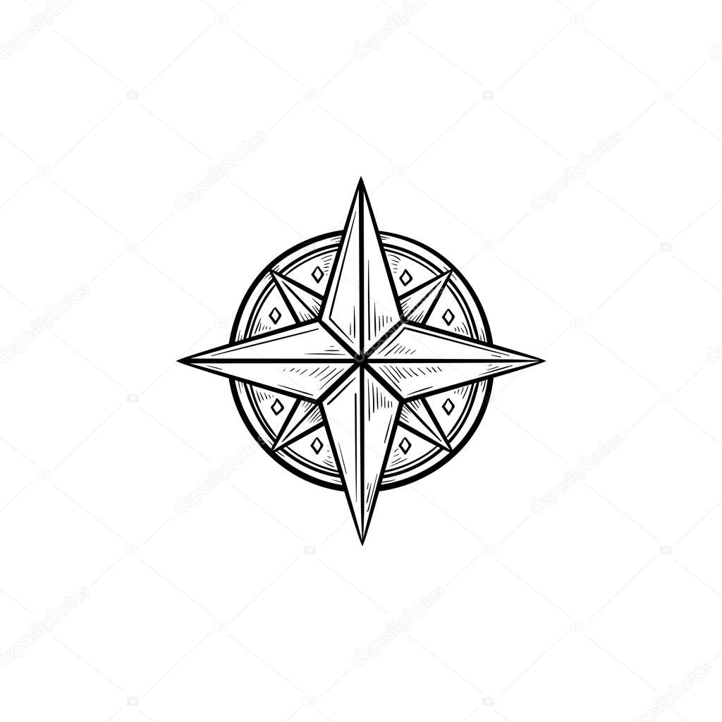 Compass wind rose hand drawn outline doodle icon.