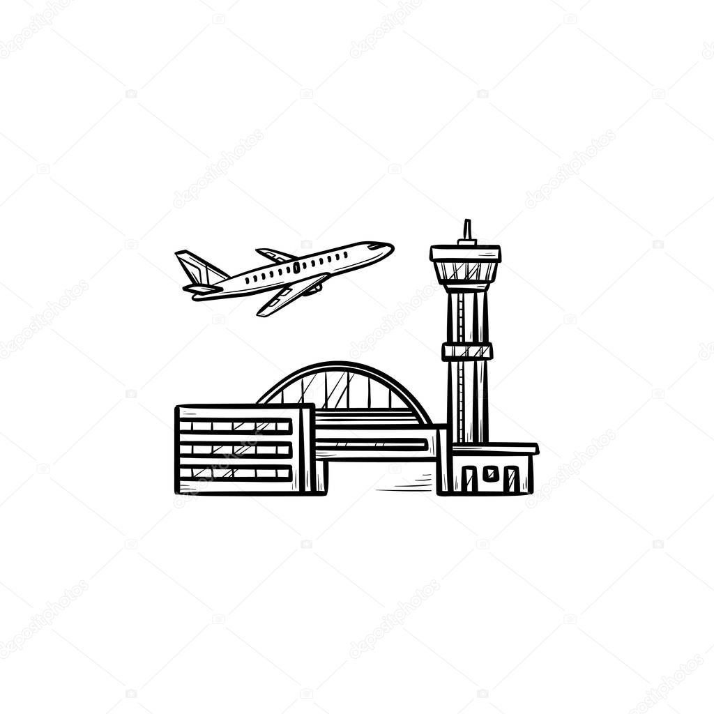 Plane taking off at the airport hand drawn outline doodle icon.