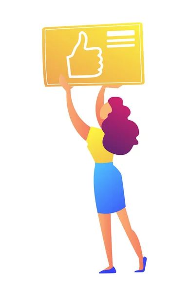 Female social media manager holding thumb up icon vector illustration. — Stock Vector