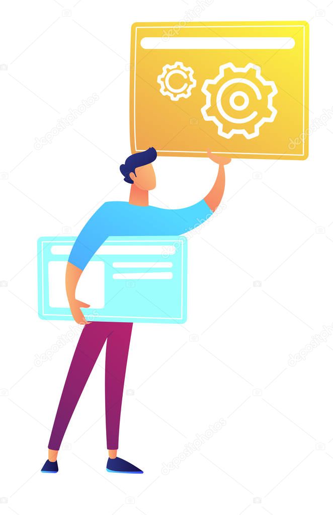 Web designer holding web pages with gears and lines vector illustration.