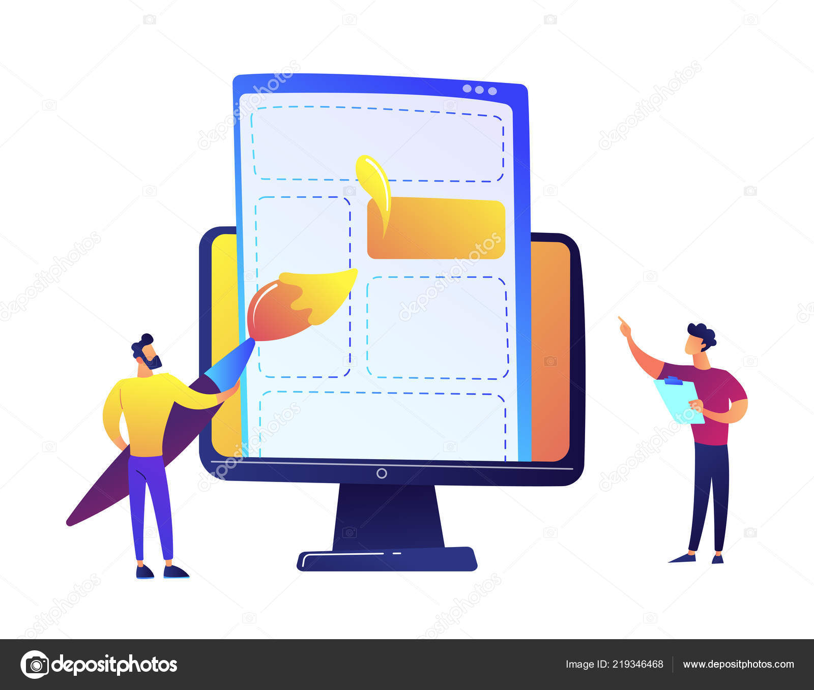 Programmers drawing web page elements with brush on LCD screen vector ...