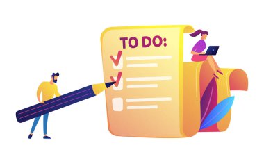 İşadamı kalem ve dizüstü vektör çizim kadınla listesi yapmak için dolgu.