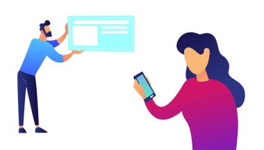 Samrtphone ve kart vektör çizim ile işadamı işkadını.