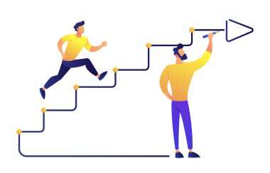 Ok vektör çizim ile çizilmiş merdivenlerden yukarı çalıştıran iş adamı.