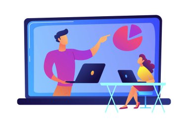 Pasta grafik üzerinde büyük dizüstü vektör çizim ile online konferans izlerken kız öğrenci.
