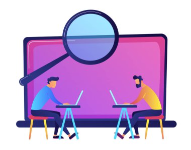 Dizüstü bilgisayarlar ile çalışma ve bilgi arama öğrenciler illüstrasyon vektör. Internet arama ve araştırma, Halk Kütüphanesi ve bilgisayar laboratuvarı, internet kavramı tarama. Beyaz arka plan üzerinde izole.