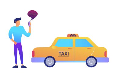 İşadamı mobil app kavramı kullanarak bir taksi çağırır. Beyaz arka plan üzerinde izole.