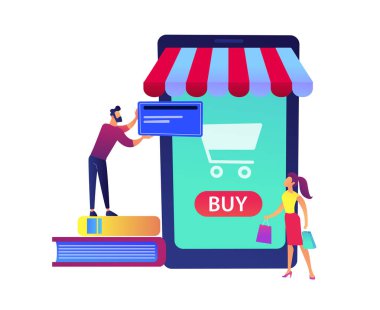 Birkaç büyük smartphone ile alışveriş sepeti vektör çizim ile alışveriş online.