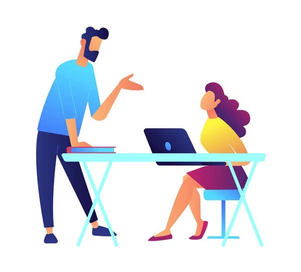Teacher speaking and student listens sitting at the desk with laptop vector illustration. — Stock Vector