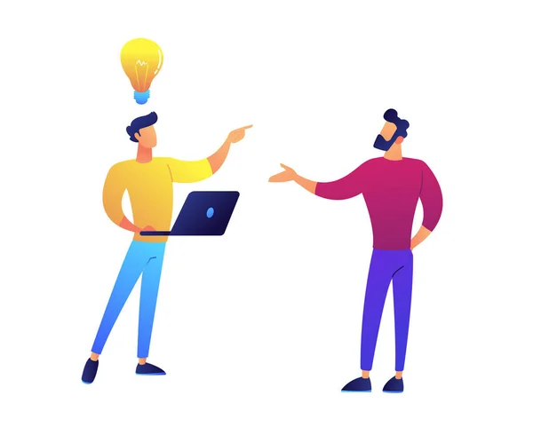 Two programmers brainstorm and having idea vector illustration. — Stock Vector