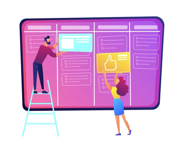 Les programmeurs mettent des cartes sur l'illustration vectorielle du tableau kanban . — Image vectorielle