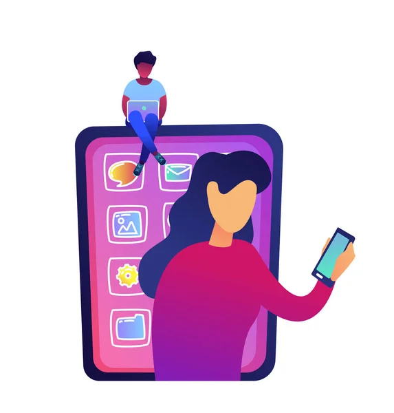 Jeune femme avec ordinateur portable assis sur un énorme smartphone et les femmes en utilisant l'illustration vectorielle smartphone . — Image vectorielle