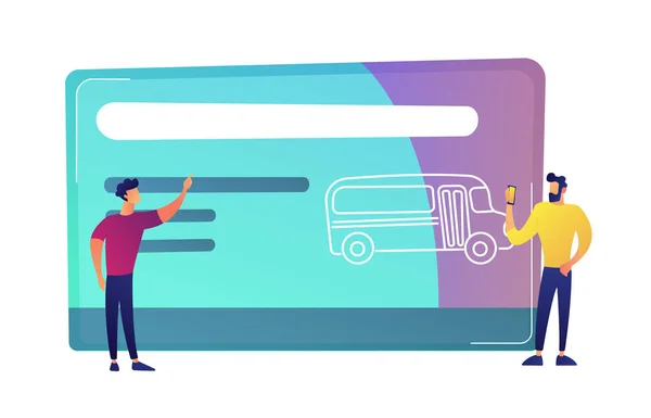 Two men near huge public transport travel card with bus vector illustration.