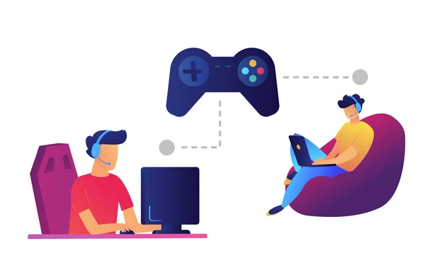 Controlador de juego y jugadores jugando ilustración vectorial ordenador y portátil . — Vector de stock