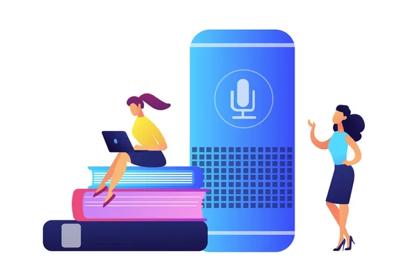 Haut-parleur intelligent, étudiant avec ordinateur portable assis sur des livres et illustration vectorielle de l'enseignant . — Image vectorielle