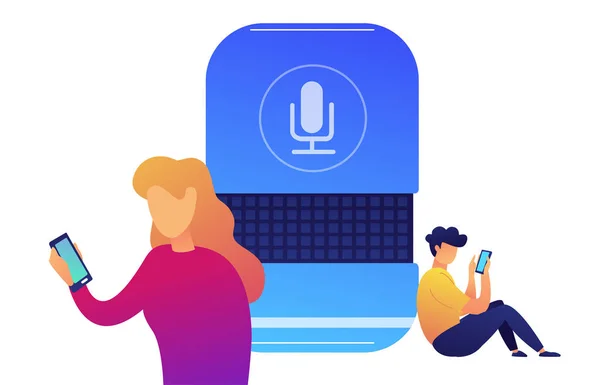 Usuários com smartphones conectados com ilustração vetorial de alto-falante inteligente . —  Vetores de Stock