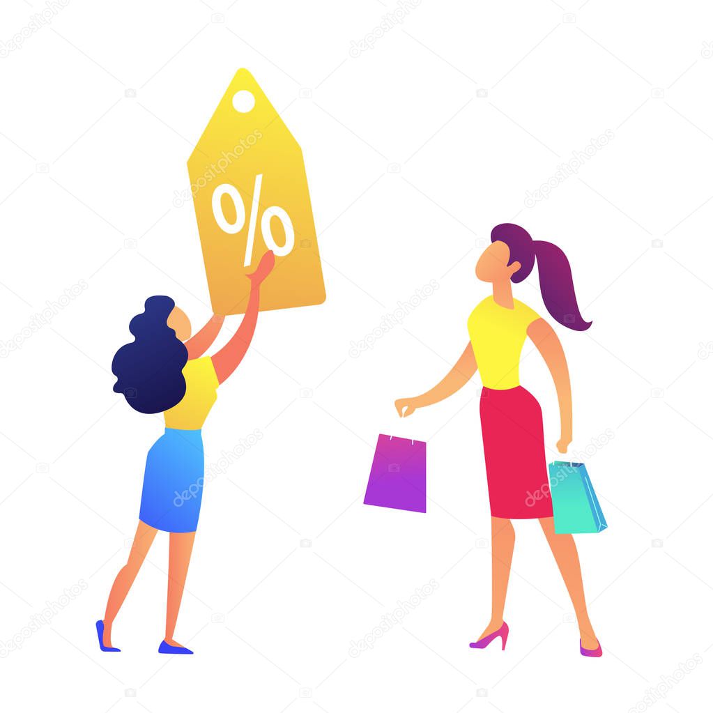 Woman with shopping bags and shop discount tag vector illustration.