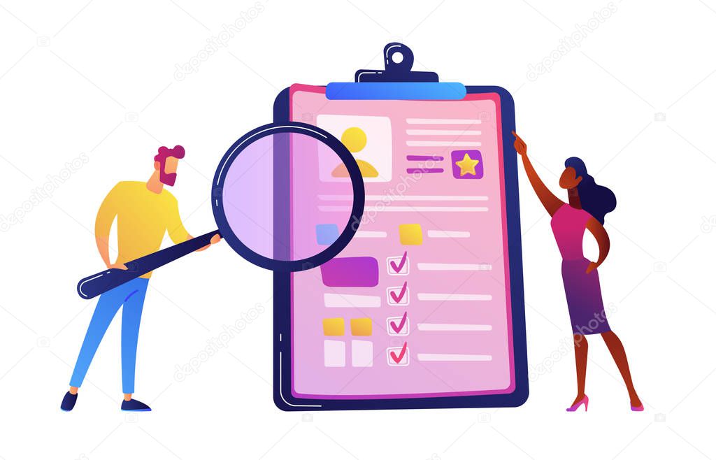 HR manager looking through a magnifying glass on job candidate CV vector illustration.