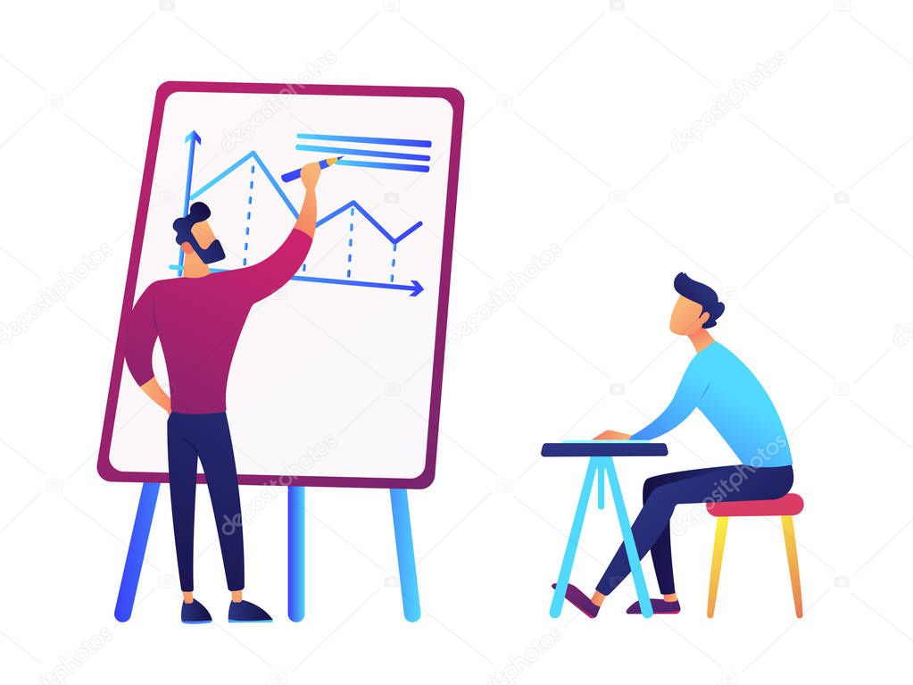 Businessman drawing business analysis chart and businessman at desk vector illustration.