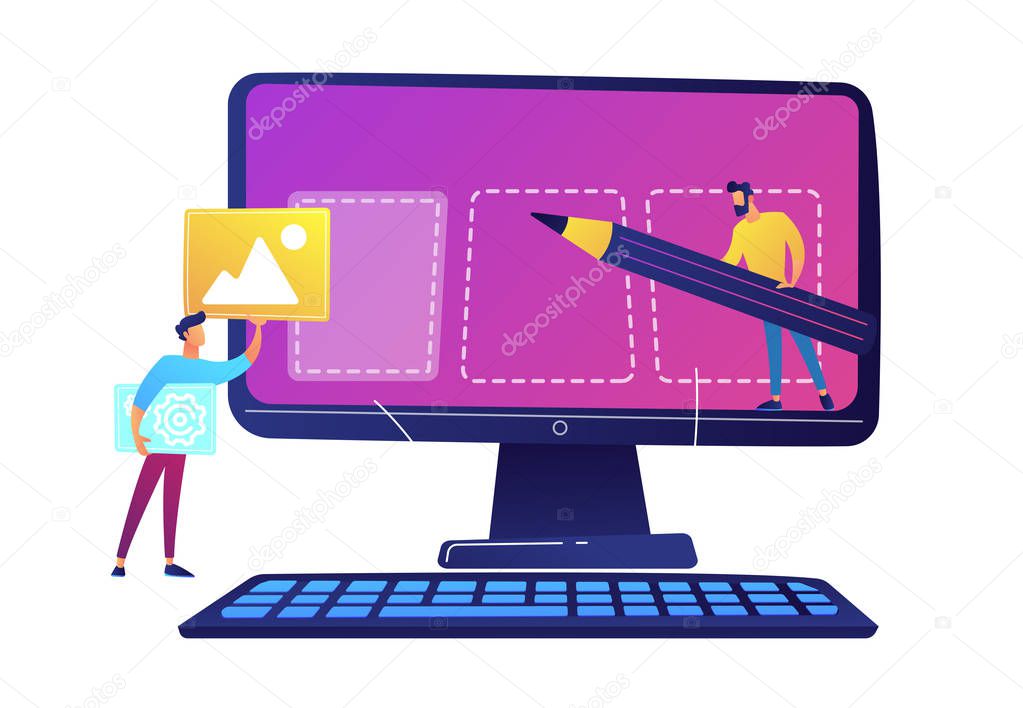 IT specialists team creating webpage on computer screen vector illustration.