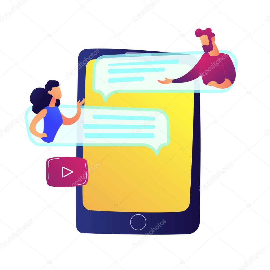 Business people talk on internet forum in tablet vector illustration.