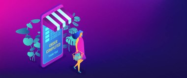 Online alışveriş kavramı izometrik 3d banner başlığı.