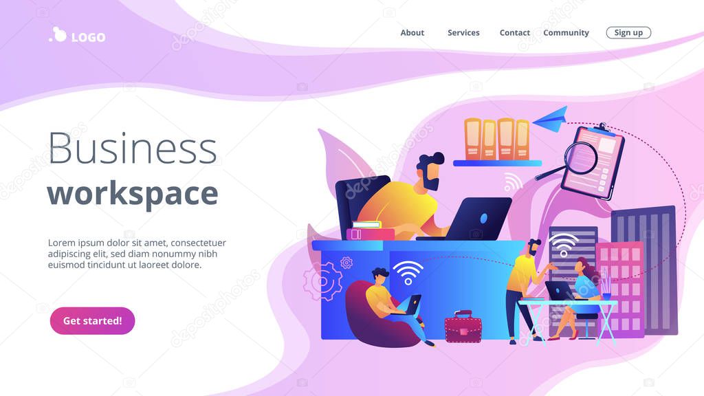 Businessmen use workspace with Wi-Fi reserved on-demand for work, meeting. On-demand workspace, dedicated meeting room, business workspace concept. Website vibrant violet landing web page template.