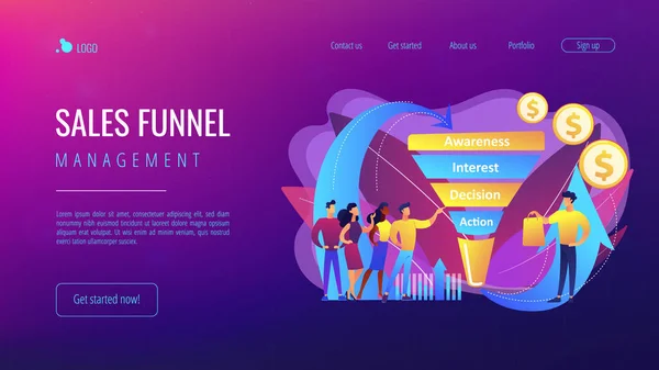 Conceito de gerenciamento de funil de vendas landing page . —  Vetores de Stock