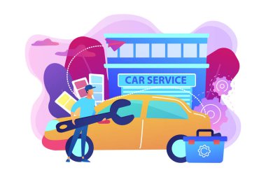 Otomatik nağme ile İngiliz anahtarı ve araç kutusu araç servisi, araç değişikliği yapıyor. Araba tuning, araba kaportacı, araç müzik yükseltme konsepti. İzole parlak canlı Menekşe vektör çizim