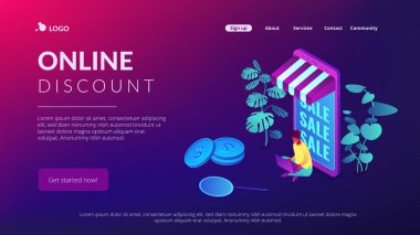 Online kavramı izometrik 3d açılış sayfası indirim.