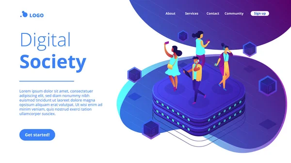 Comportamento de rede social isométrica 3D landing page . — Vetor de Stock