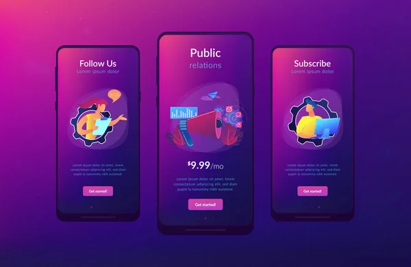 Public relations app interface sjabloon. — Stockvector